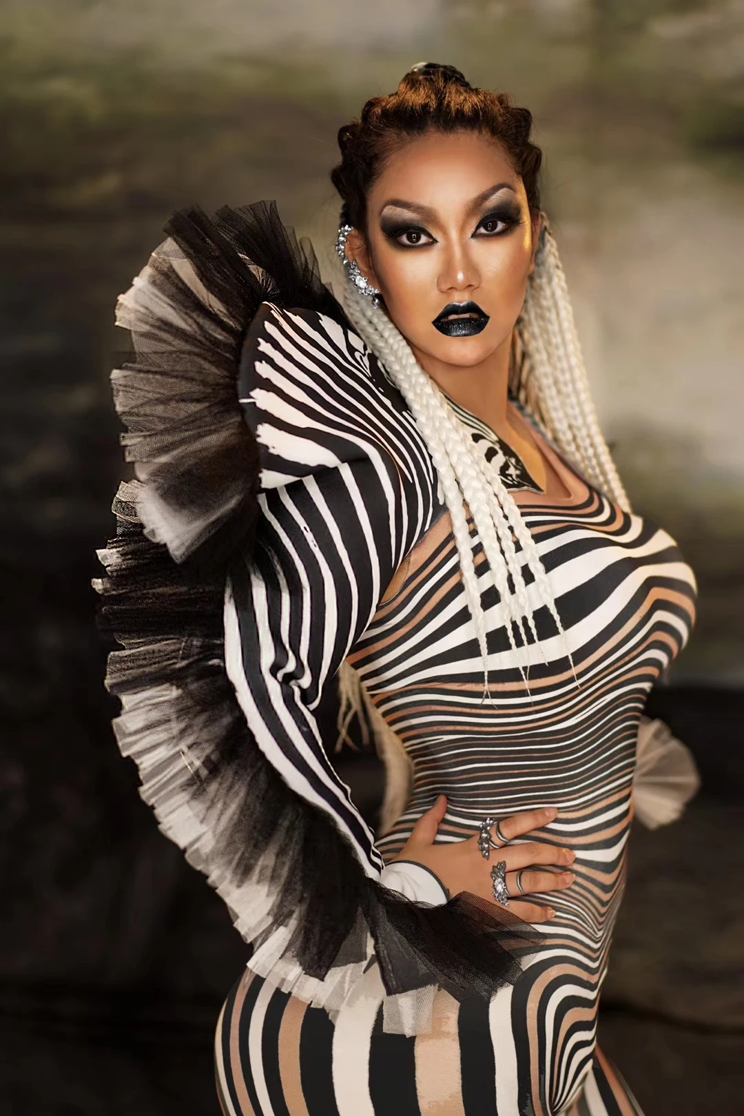 Unique Zebra Stripes Cosplay Costumes Animal Role Playing Stage Costumes Women Sexy Club Jumpsuit Dance Wear Performance Outfits