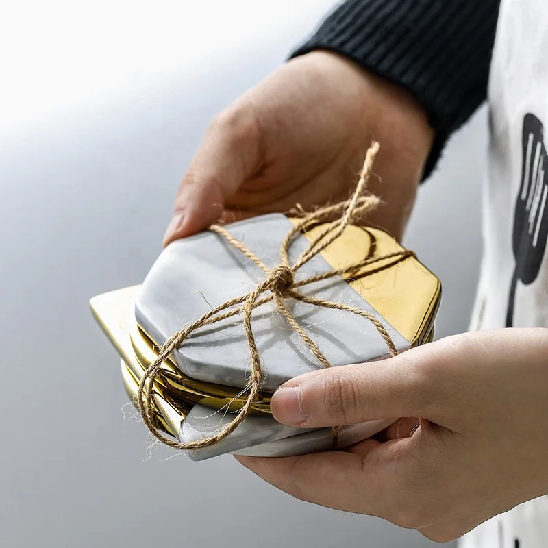 Customized Logo Square Round Coasters Cork Base for Bar Drink Home Deco with Gold Rim Ceramic Marble Coaster