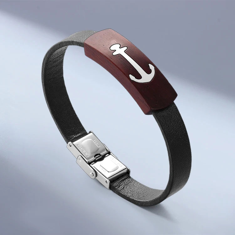 Haosem Unique Customize Inset Metal Anchor with Wooden Bracelet Accessories Mens Leather Bracelet