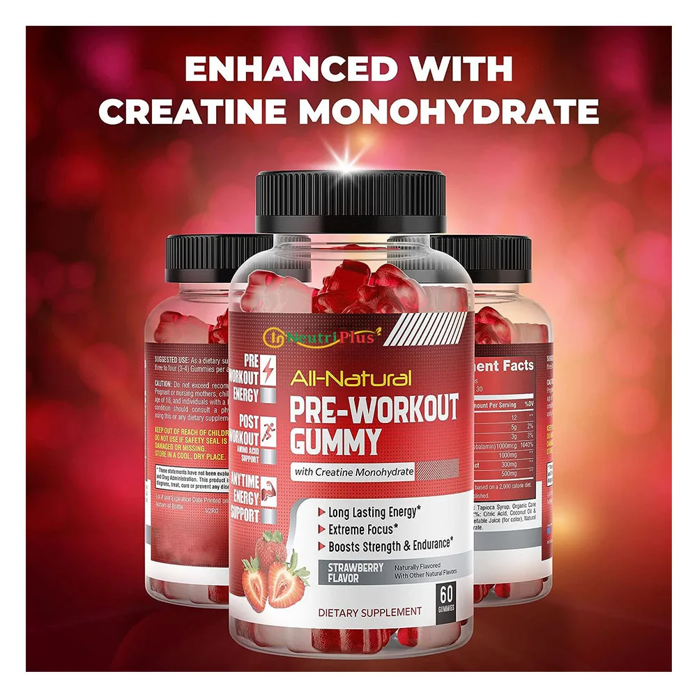 GMP Factory Pre Workout Gummy Creatine Monohydrate Boost Energy and Muscle Growth Customized Formula with Taurine