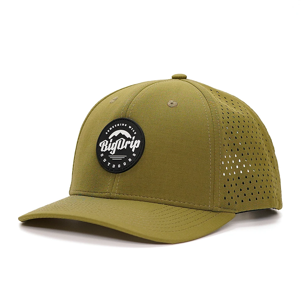 custom 6 panel rubber patch  dry fit mens gorras snapback cap laser-boring nylon performance golf hat wholesale