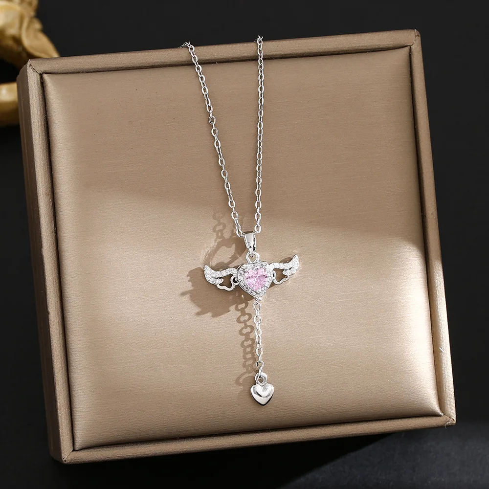Cupid Angel Wings Love Necklace for Women Small Wings Tassel Pendant on Clavicle Chain Classic Style for Gifts Weddings Parties