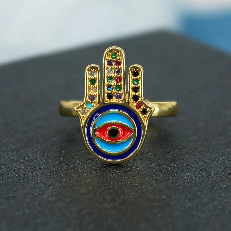 Popular Chic Rainbow Enameled Evil Eyes Hamsa Hand CZ Micro Pave Finger Rings for women