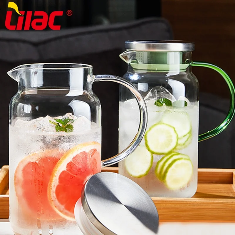 Lilac BSCI SGS LFGB big volume 4 piece juice glass set and 304 stainless steel lid borosilicate glass water jug with cup