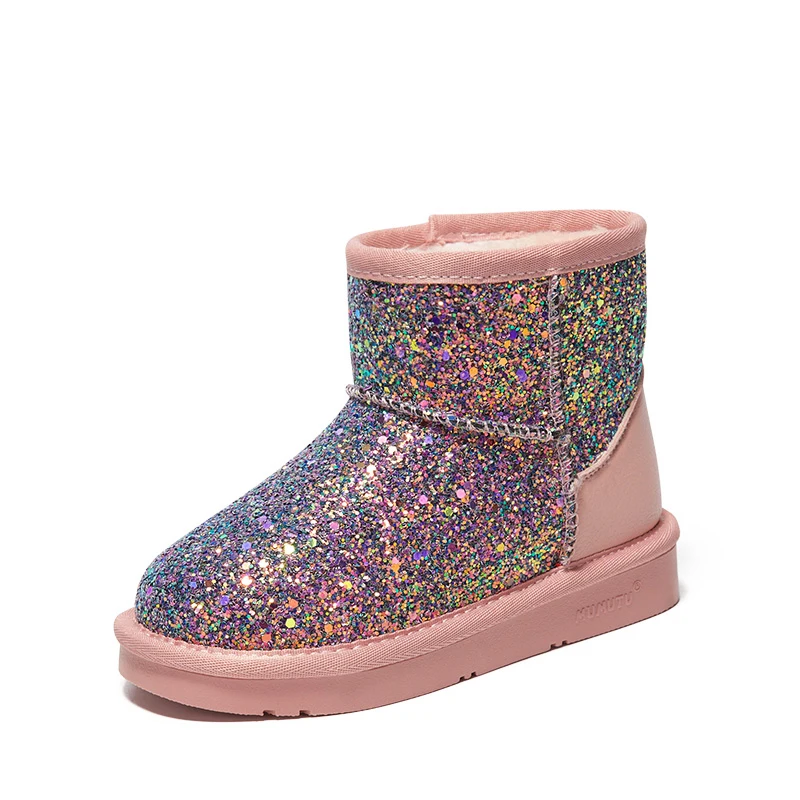winter children slip-on shoe shiny glitter sparkle sheepskin luxury snow boots for kids girl