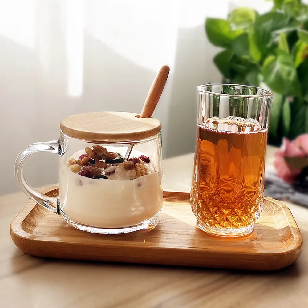 350ml Home use Glass Coffee Cup With Bamboo Wood Lid With Bamboo Wood Spoon Heat Resistant Glass Cup