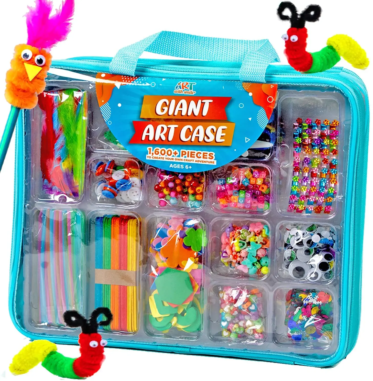 1600pcs Arts and Crafts Supplies for Kids DIY Projects Case Filled with Pom Box Craft Kit Beads Buttons Scissors