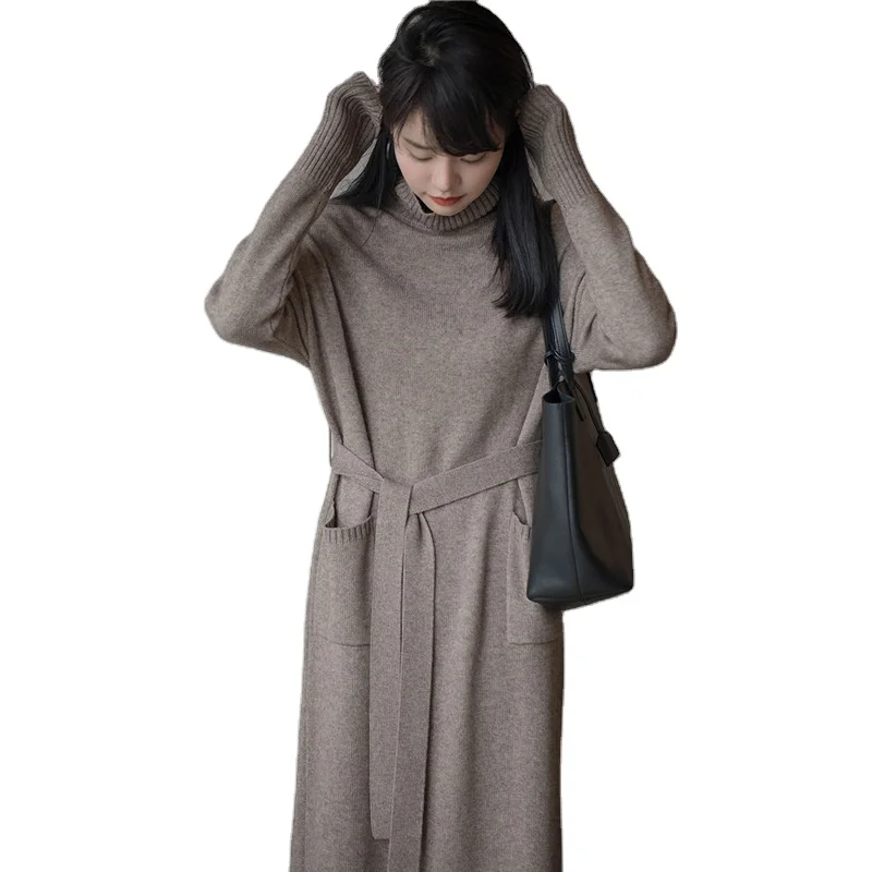 2025 Spring New Arrival Fashion Lady High Heck Long Sleeve Super Long Slim Fit Women  Sweater Dress