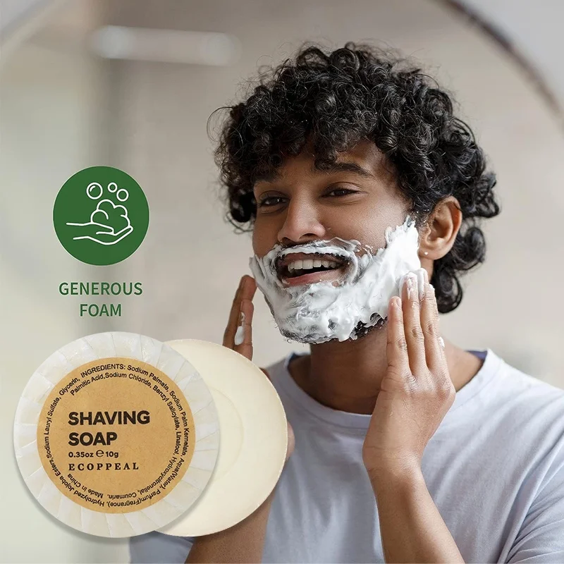 Custom Labelling Sustainable Eco Friendly Natural RSPO Shaving Kit Rich Foam Soften 10g Shaving Soap