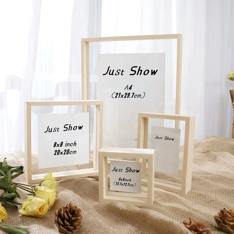 Оптовая продажа заводская цена прозрачное двухстороннее стекло MDF деревянная фоторамка из массива дерева плавающая фоторамка с настоящим стеклом