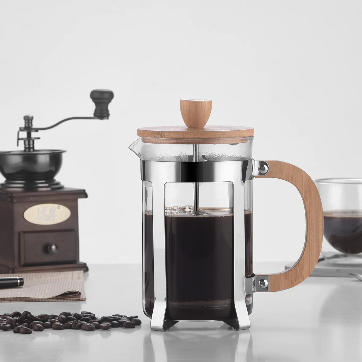 French Coffee Press with Bamboo Wood Borosilicate / Glass Coffee & Tea Maker with Stainless Steel Filter