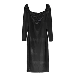 PB&ZA2022 French Retro Black Square Neck Chest Cutout Design Mid-Length Velvet Long Sleeve Dress