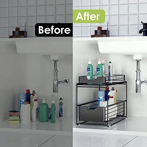 Black Stackable 2 Tire Sliding Countertop Organizer Under Sink Storage Drawer Shelf for Kitchen Cabinets