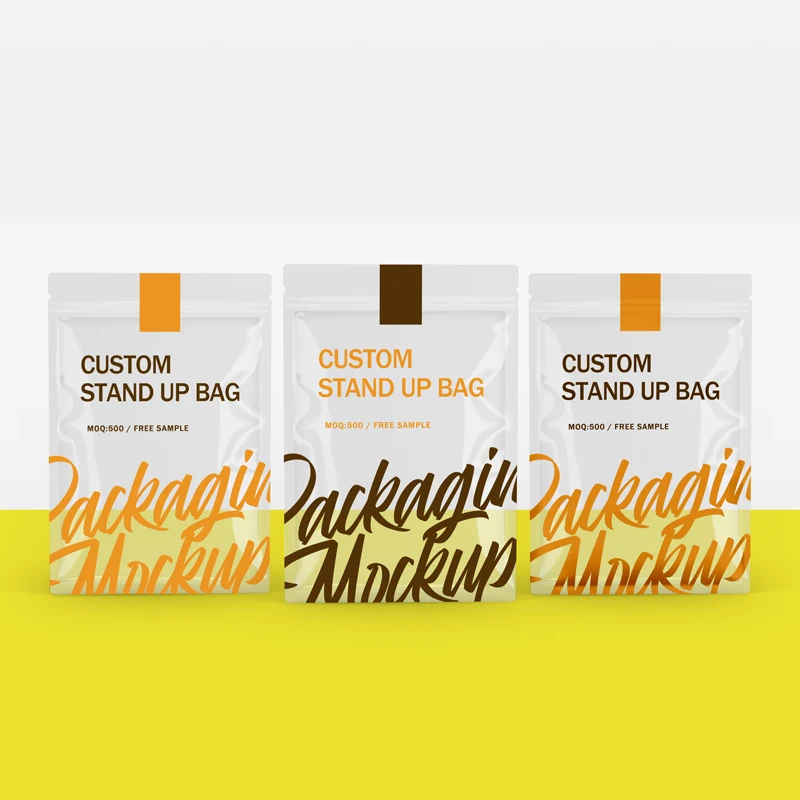 Custom Printed Doypack Resealable Zip Lock Brown Plastic Standing Up Pouches Packaging Bags With Clear Window And Zipper