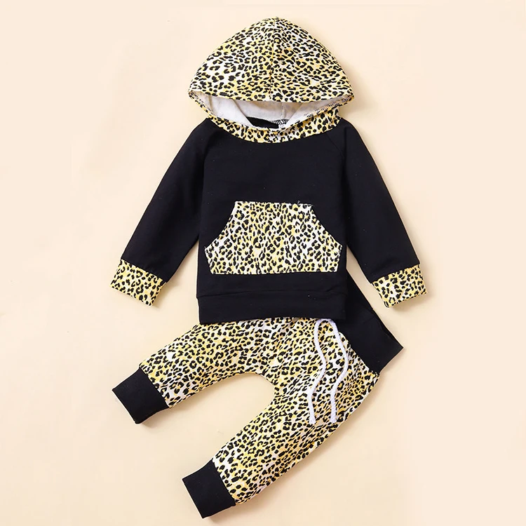 Leopard print design sports wear children pullover cessential unisex fleece kids pockets tracksuits top baby hoodies set