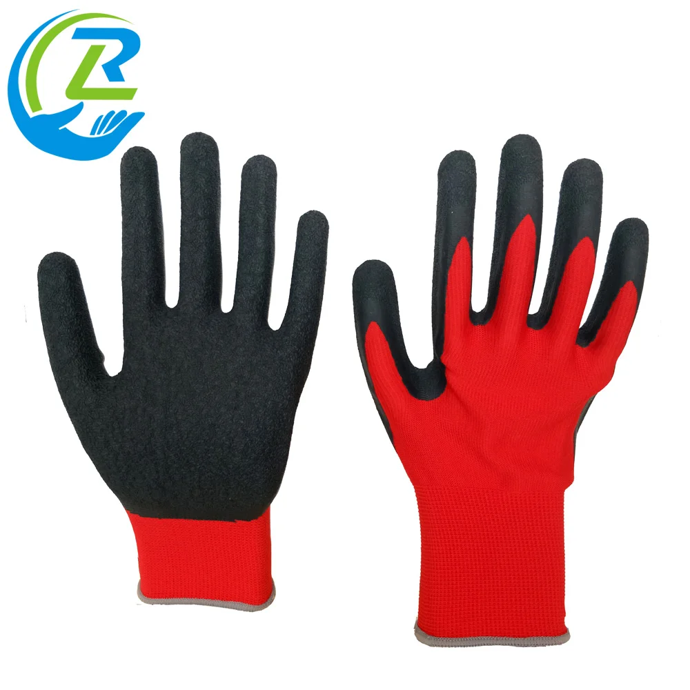 Industrial Labor En388 13 Gauge Red Black Anti Slip Grip Latex Crinkle Coated Construction Household Safety Working Gloves