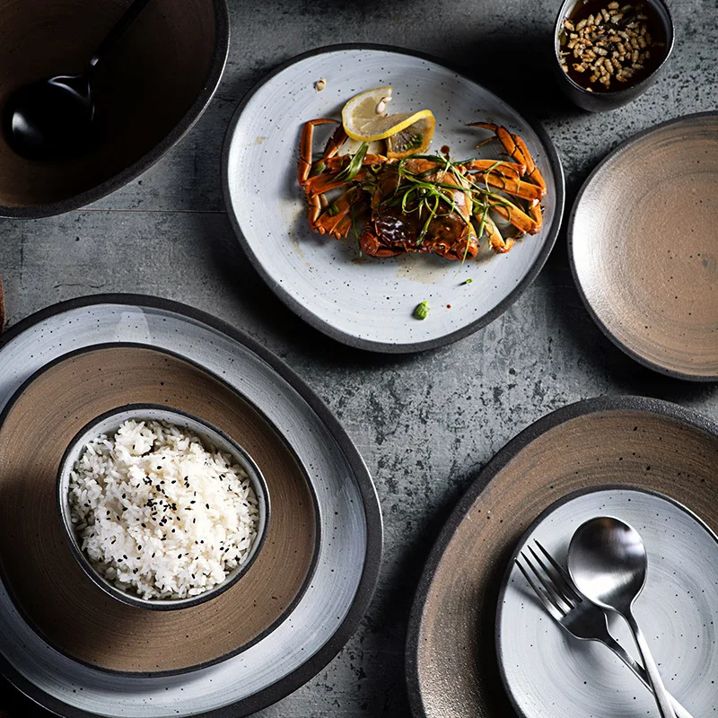 Brown Dinnerware Sets Platters Tray Wholesale OEM Hotel Restaurant Ceramics Rustic Platter Set Tableware Plates Pottery