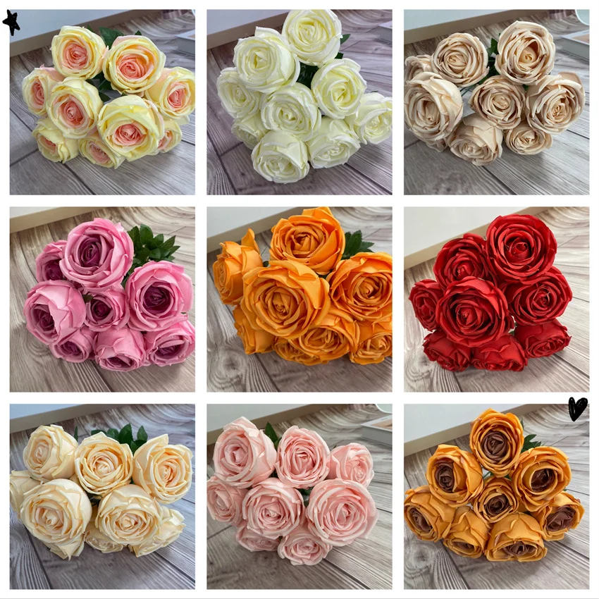 QSLH-F470 artificial flowers 9 heads royal sik rose flowers artificial rose bouquets for wedding and home decoration
