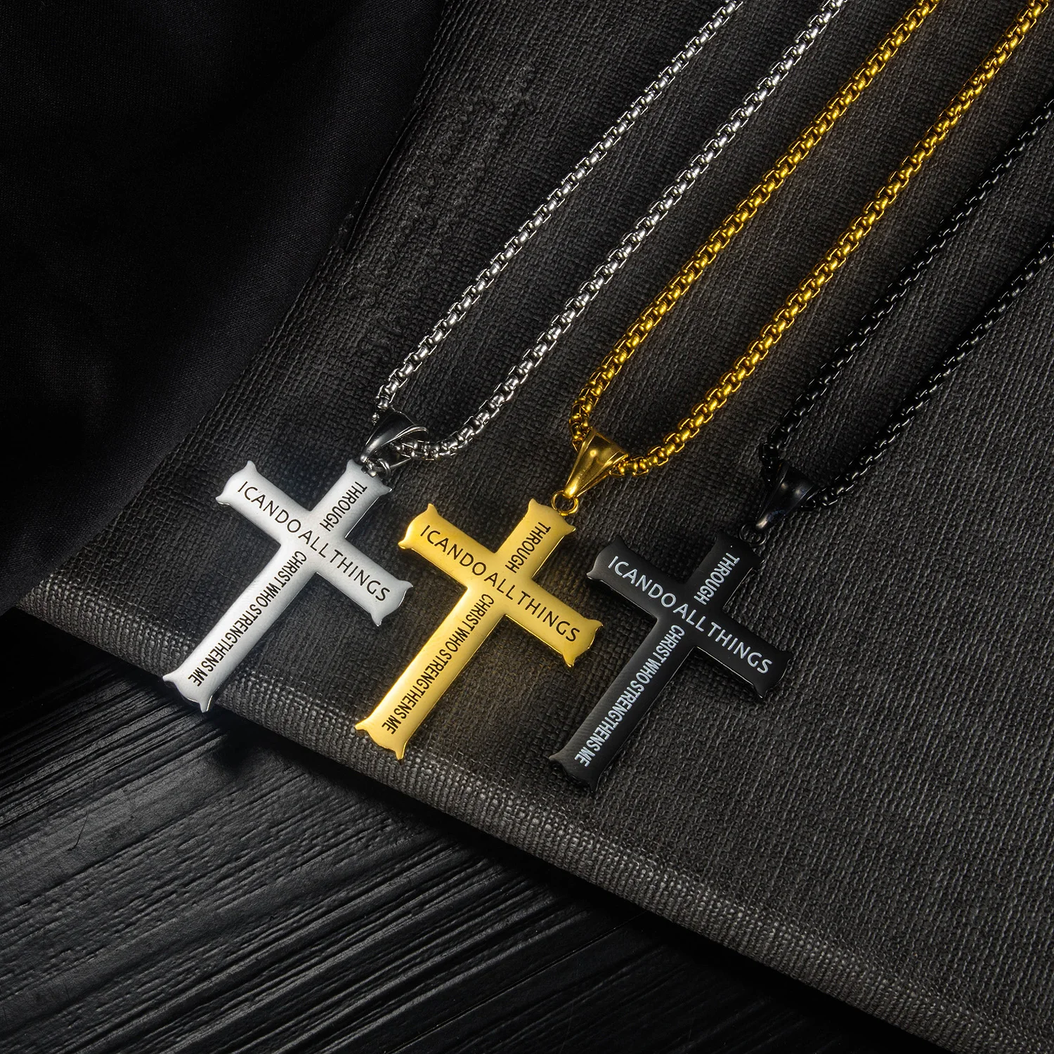  Inspirational Engraved Jewelry I CAN DO ALL THINGS Cross Pendant Custom Logo Stainless Steel Silver Gold Black