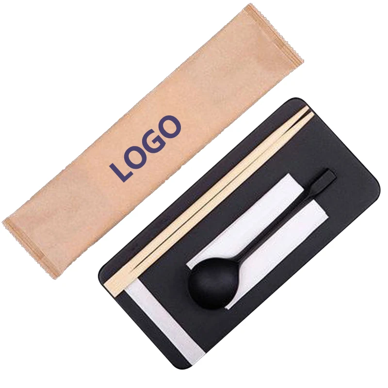 4 in 1 Custom Made Disposable Cutlery Set Spoon and Chopsticks with Kraft Paper Outer Packing Pattern Design