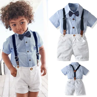 Baby Boy Gentleman Clothes Set Summer Suit For Toddler White Shirt with Bow Tie+Suspender Shorts Formal Newborn Boys Clothe