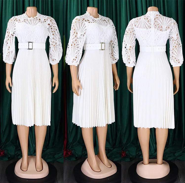 Summer Large Size Women Sexy Hollow Pleated High Waist Dress Elegant Gold Shoulder Evening Wedding Outfit Lace Party Dresses