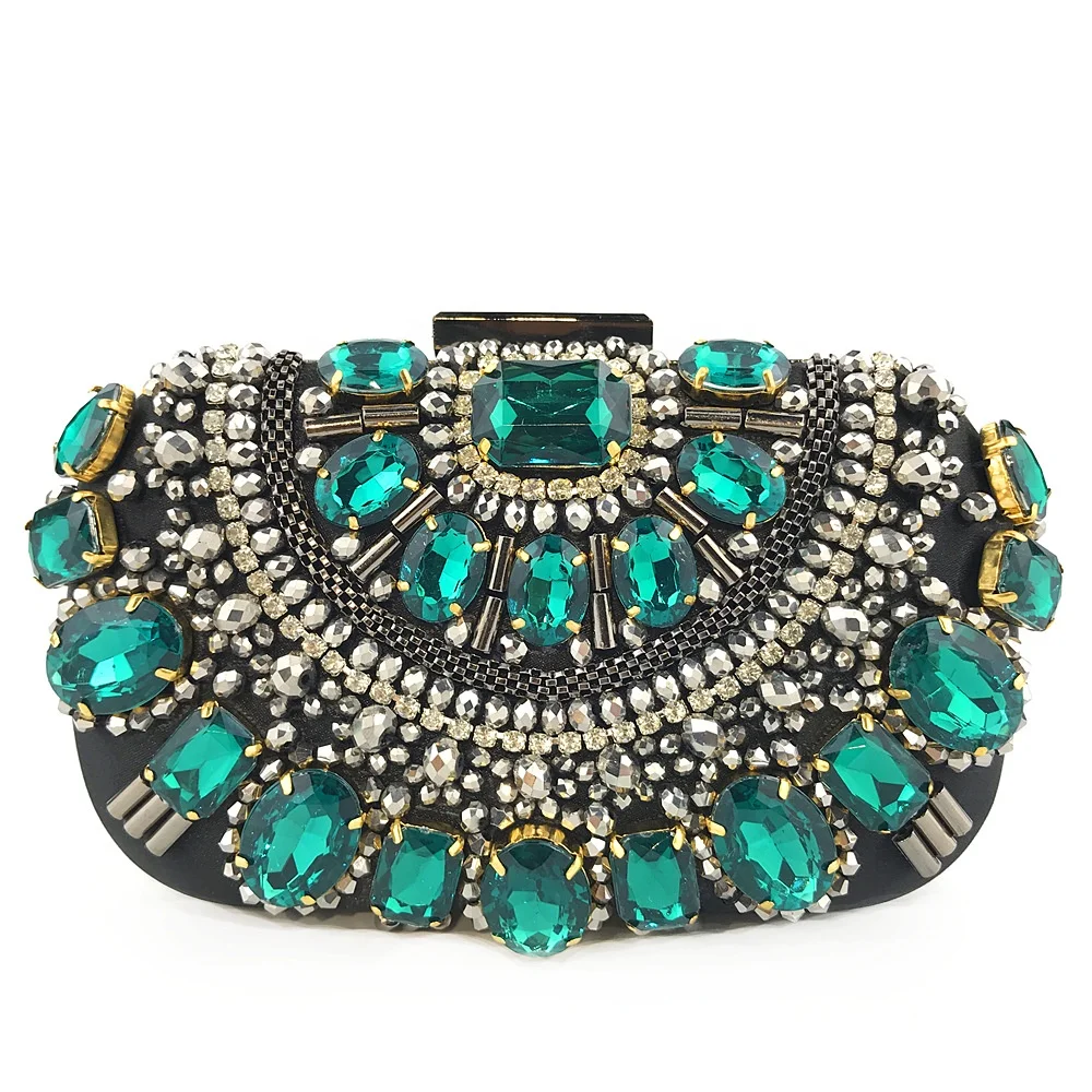 Wholesale Elegant Rhinestone Diamond Purses Handbag Green Female Ladies Crystal Clutch Bag  Evening Bags For Women