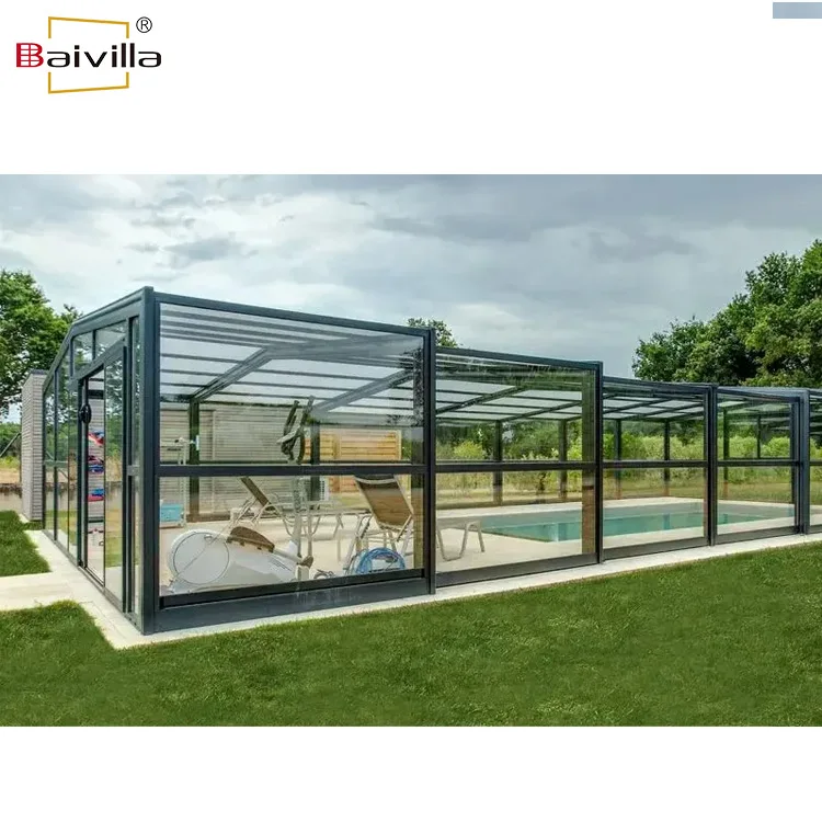 Custom outdoor above ground automatic foldable glasshouse retractable swimming pool cover greenhouse sunroom glass house