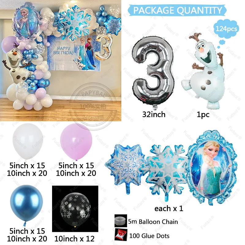 124pcs Frozen Theme Balloons Garland Arch Kit Snowflake Elsa Olaf Foil Globos