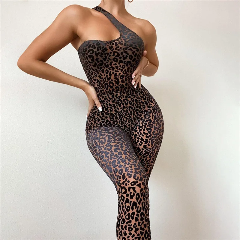 Hollow Out Outfits Leopard Print Asymmetrical Sleeveless Ladies Shaping One Piece Women Jumpsuits Playsuits