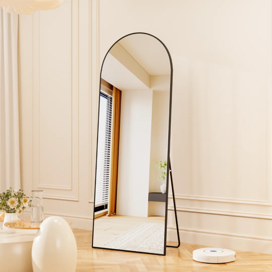 Factory Supply Tempered Glass Large Arched Metal Frame Wall Floor Full Length Dressing Unbreakable Mirror miroir espejo spiegel