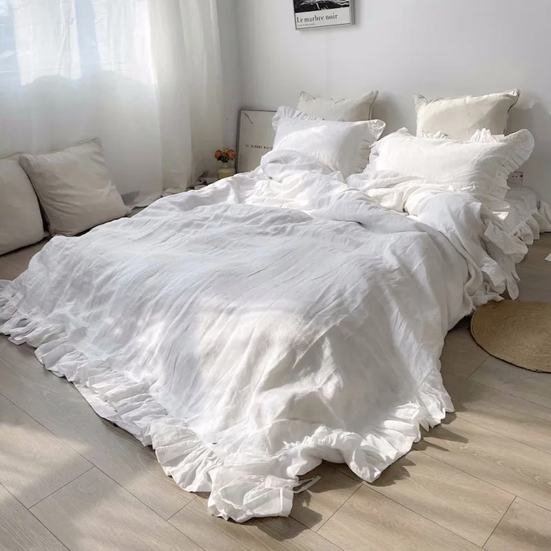 Eco-friendly Cotton linen Ruffled Sheets nature pure linen Ruffle Bedding set for Home hotel