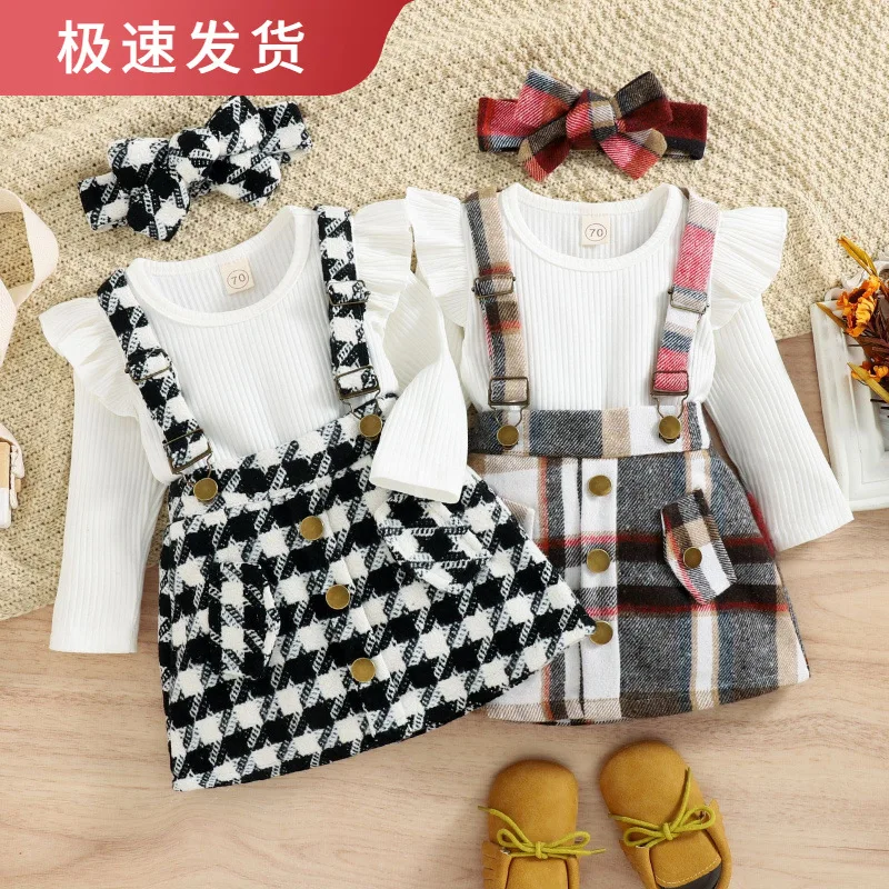Wholesale kids clothing autumn winter toddle clothes long sleeve white romper+suspenders skirt 2pcs baby girl clothing set