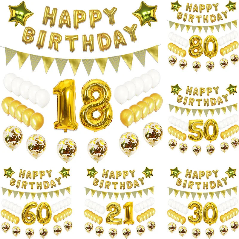 Golden Years Happy Birthday Letters 1-80 Years Old Happy Birthday Aluminum Foil Balloon Set