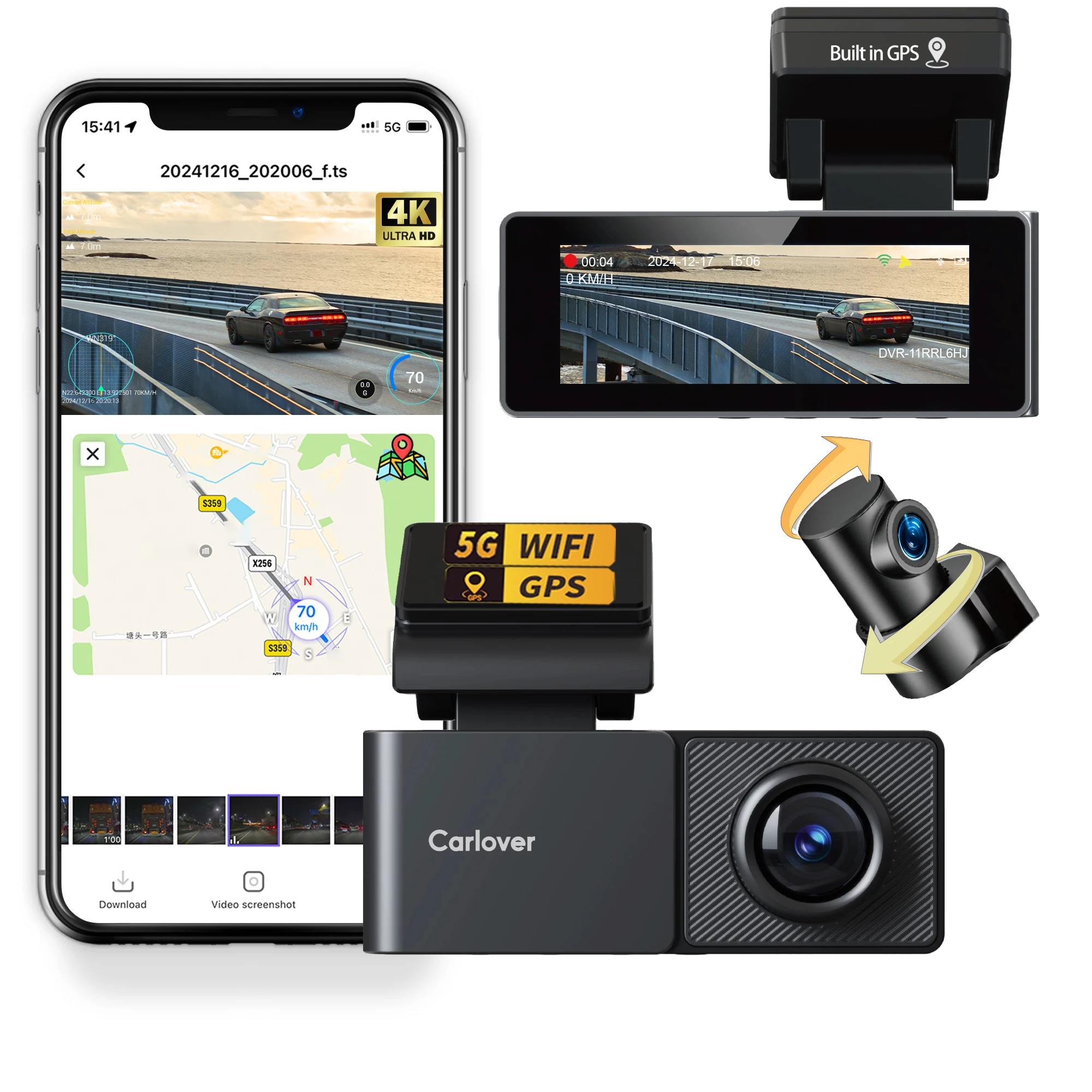 Carlover Dash Vam 5G WIFI GPS 4K Super Night Vision Loop Recording Car Black Box Dash Camera Front and Rear 4K Recording DVR