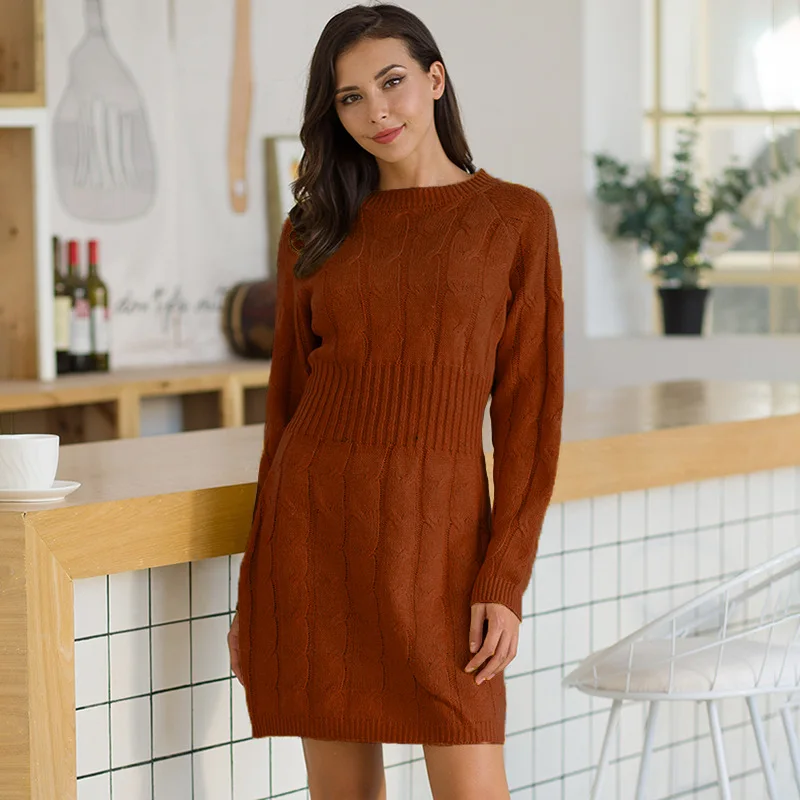 Clothing factory wholesale women knitted miniskirts plus size dress Mid-length Neon green sweater dress