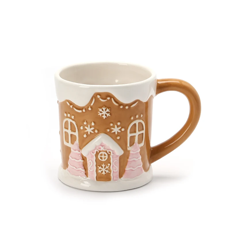 Wholesale Custom Cartoon handmade gingerbread man Christmas House embossed 3d Large Capacity Ceramic Cup Christmas Mug