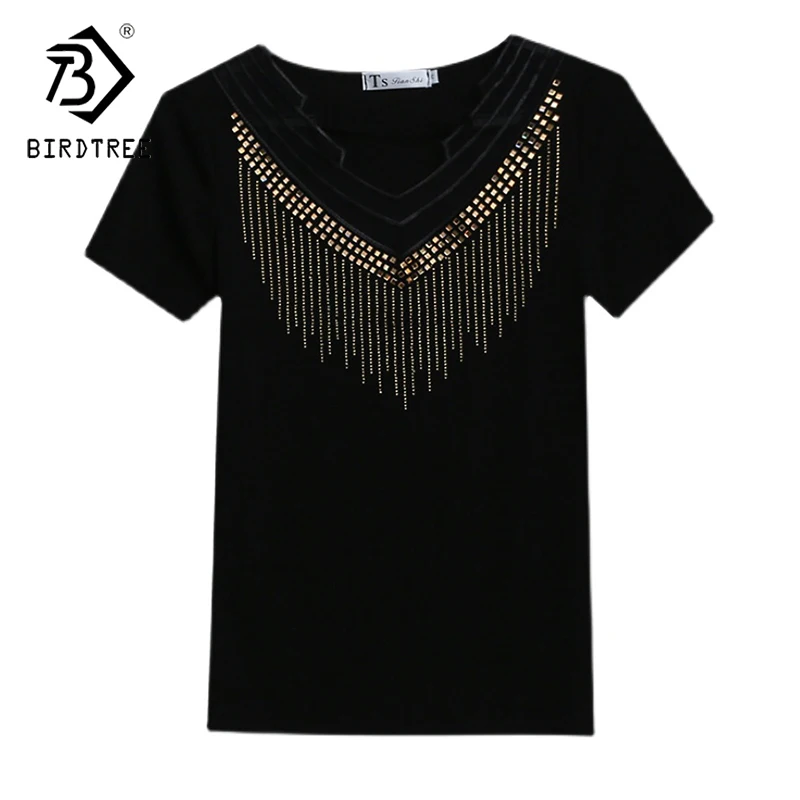 Black T-Shirt Women New V-neck Handmade Diamonds Beading Rivet Mesh Transparent Sexy Women Tops Tees Short Sleeve Summer T25504