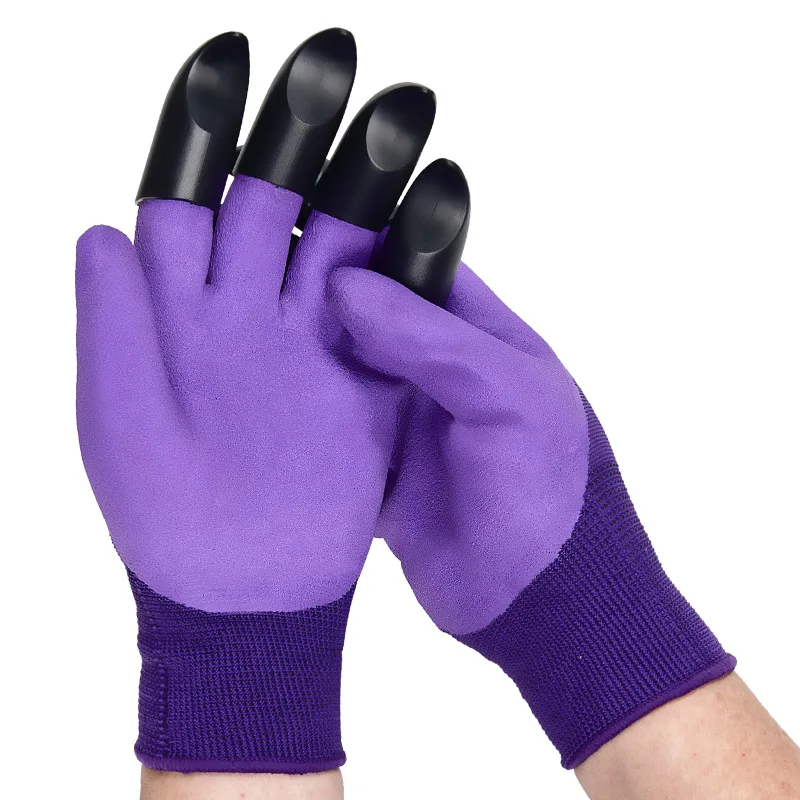 2022 China Manufacturer Purple Latex Coated Digging Work Garden Gloves With Fingertips Claws