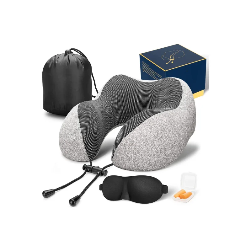 WOQI Breathable Cover Machine Washable 100% Pure Memory Foam Neck Pillow for Airplane Travel