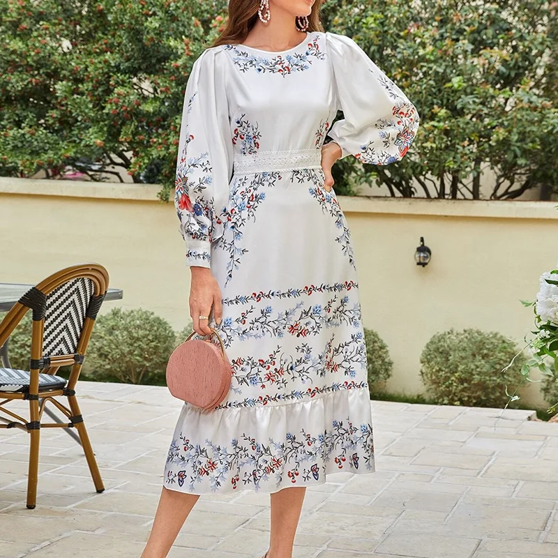 OEM высококачественное женское платье с рукавами-фонариками кружевной гипюровой панелью и оборками на подоле Цветочное