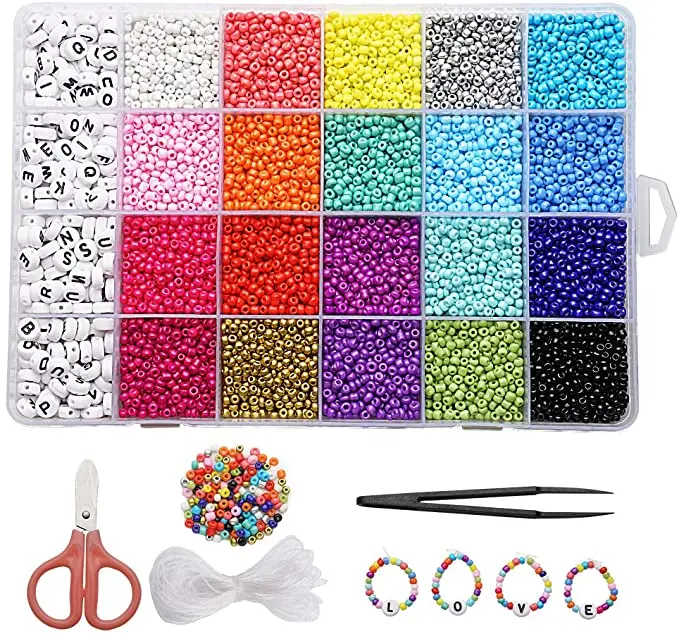 Solid painted glass seed beads set with white black letter beads with elastic cord for easy bracelet making kit for kids craft