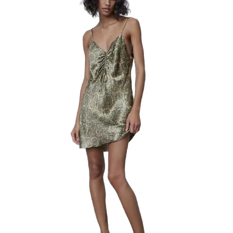 
Woman Poplin Elastic Straps Shirring Folds Floral Printed Sexy Mini Dress 