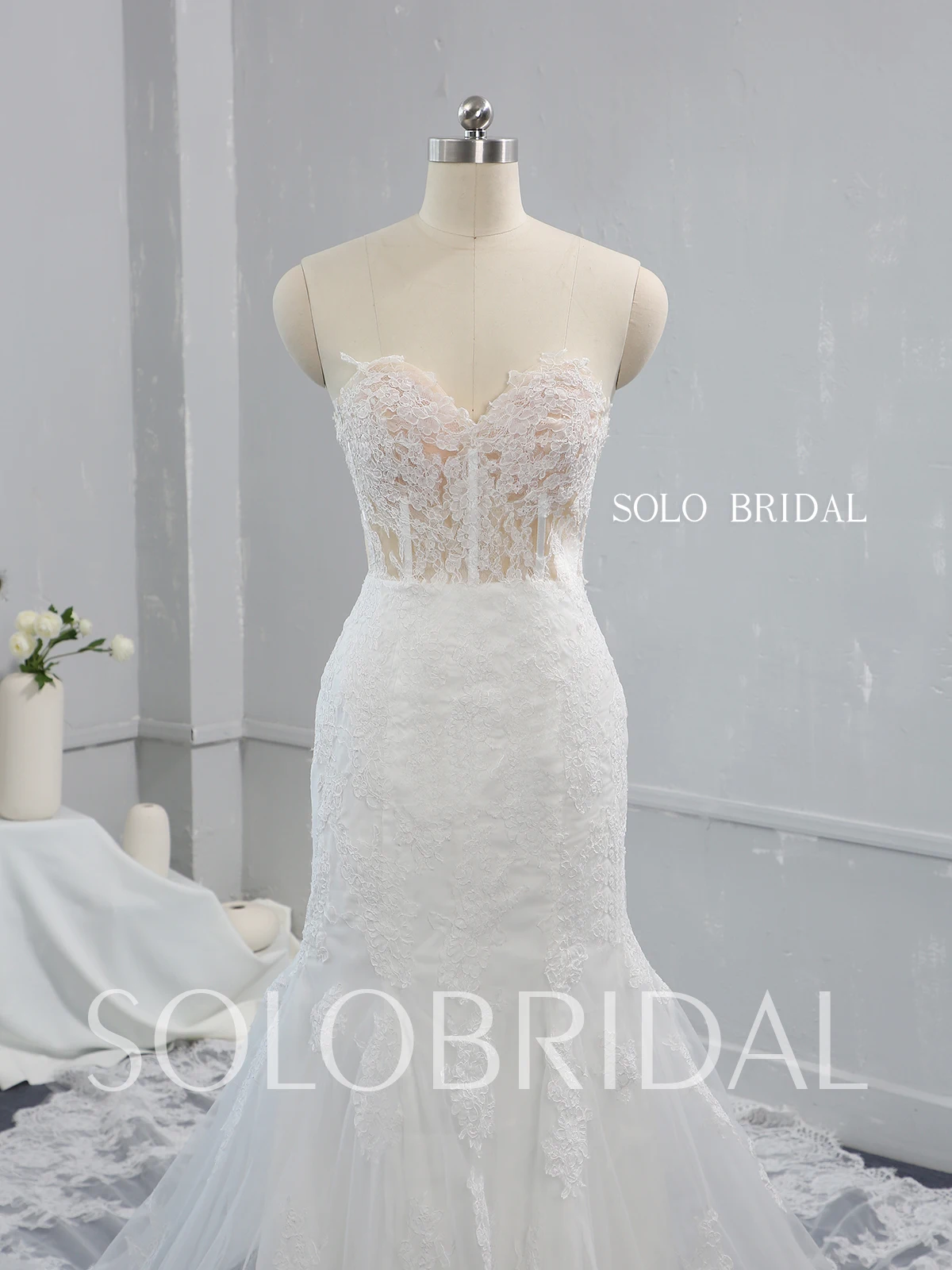 Seen through skin color bodice cathedral double layer lace royal long train ivory mermaid wedding gowns