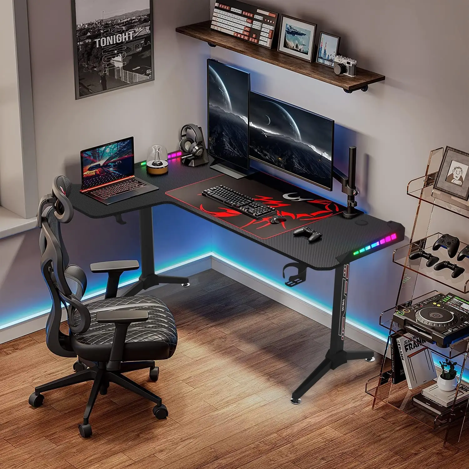 Corner L Shaped Gaming Desk Computer PC Workstation Writing Table with LED Light