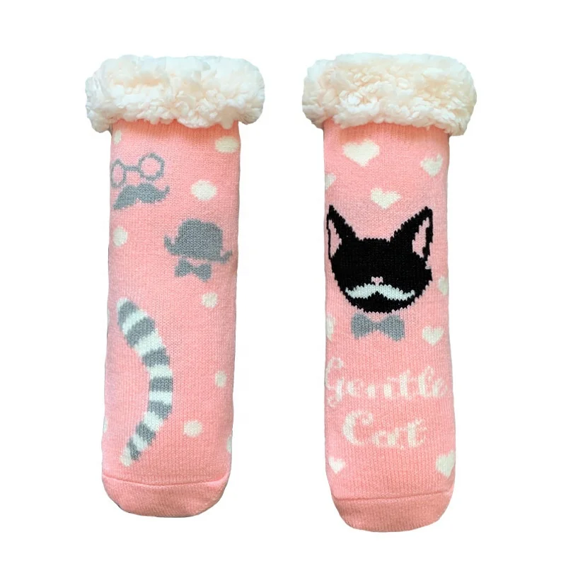 toddler kids children cute animal Winter knitted Warm fleece sherpa lining long Slipper Sock With Grips