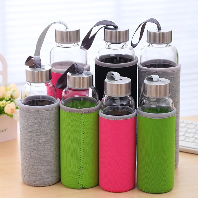 
High Quality Clear 500ml High Borosilicate Glass Water Bottle with Lid and Nylon Water Bottle Sleeve 