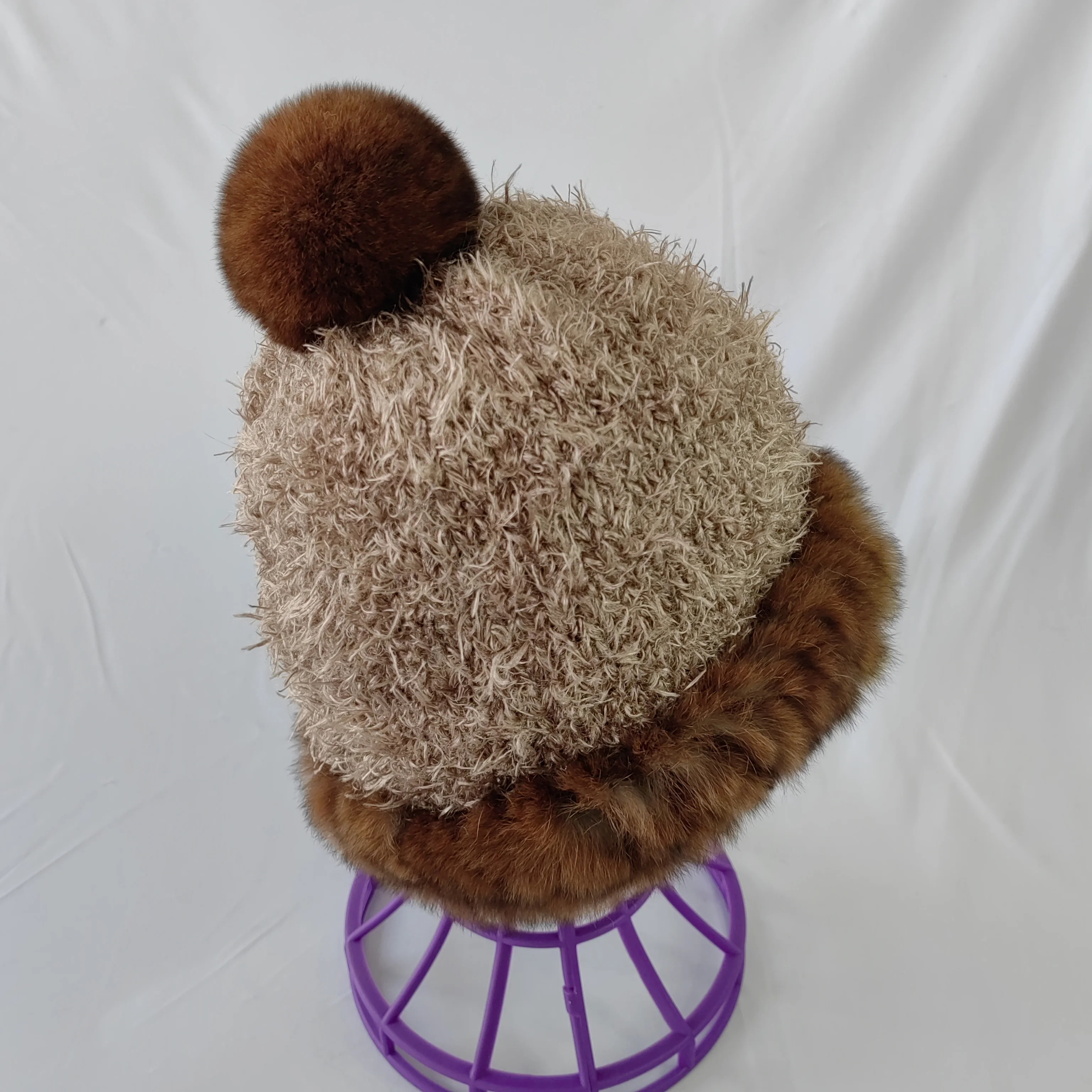 Ladies winter adult acrylic Neutral thick color knitted hat fur hat with pompom