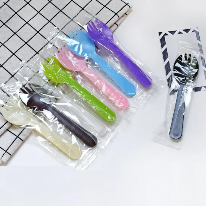 100pcs/pack 115mm Small Disposable Colorful Plastic Fork Spoon for Ice Cream Dessert Cake Independent Packaging