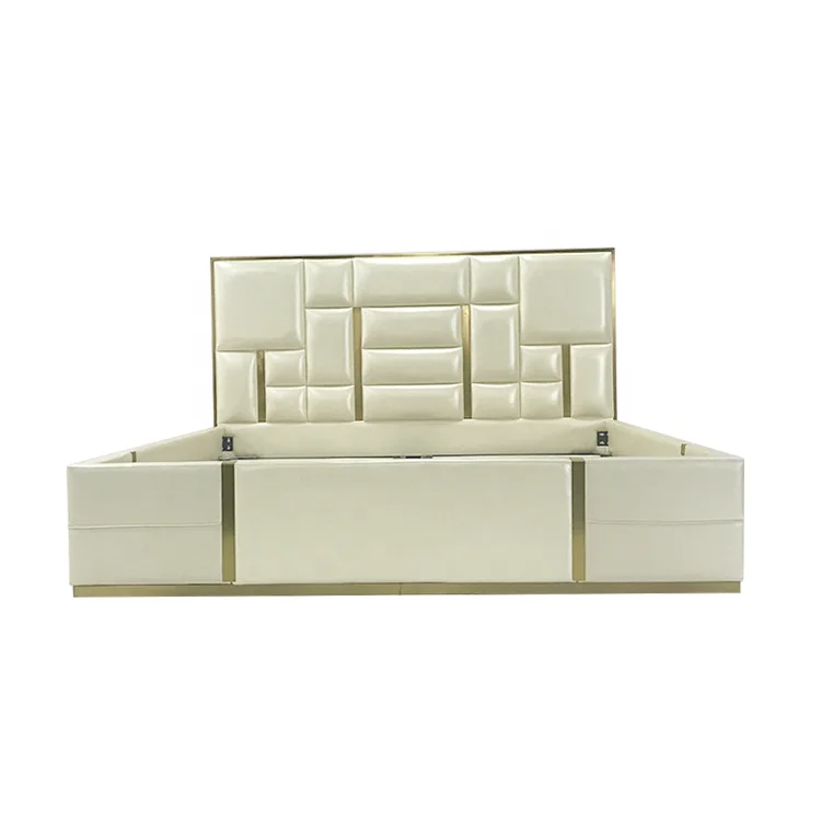 
Luxury bed room furniture super king size headboard metal slat platform bed frame white couple leather queen size double bed 